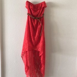 Off the shoulder belted high-low dress